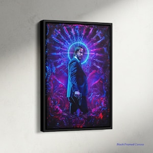 May include: A black framed canvas print depicting a man in a suit holding a gun, with a neon blue and purple background. The artwork has a halo effect and a dark, dramatic aesthetic. The text "Black Framed Canvas" is visible.