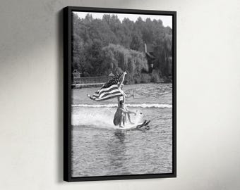 Vintage Water Skiing Print, Lake House Wall Art, Retro Skiing Canvas, Summer Coastal Poster, Lake House Decor