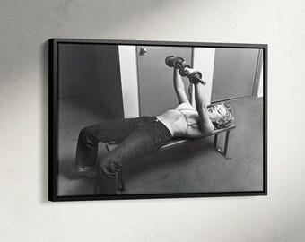 Marilyn in Gym Working Out With Out Barbells Poster, Marilyn Monroe Print, Marilyn Lifting Weights Black White