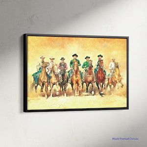 以下が含まれることがあります： 額縁に入ったキャンバスプリントには、埃っぽい風景を馬に乗って進む8人のカウボーイが描かれています。カウボーイは帽子とカラフルなシャツを着ています。馬は茶色とタンのさまざまな色合いです。アートワークは黒い縁で額装されています。