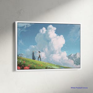 K&ouml;nnte beinhalten: Wei&szlig; gerahmter Leinwandkunstdruck mit einer Landschaftsszene mit zwei Figuren auf einem grasbewachsenen H&uuml;gel. Das Kunstwerk zeigt einen hellblauen Himmel mit gro&szlig;en wei&szlig;en Wolken, gr&uuml;nes Gras und rote Blumen. Der Text "White Framed Canvas" befindet sich unten rechts.