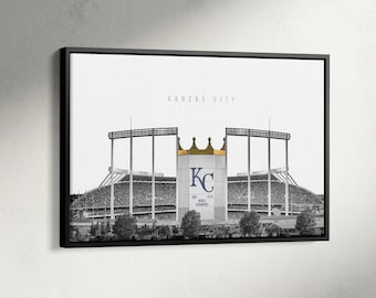 Toile noire et blanche du stade Kauffman, impression de Kansas City, affiche du stade de l'équipe de baseball, oeuvre d'art murale de baseball