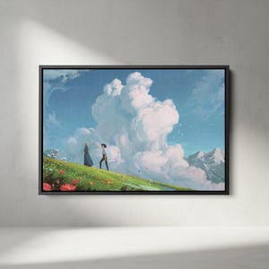 K&ouml;nnte beinhalten: Gerahmter Kunstdruck mit zwei Figuren auf einem grasbewachsenen H&uuml;gel mit bunten Blumen unter einer gro&szlig;en Wolke in einem blauen Himmel. Berge sind im Hintergrund zu sehen. Das Kunstwerk ist in einem schwarzen Rahmen gerahmt.