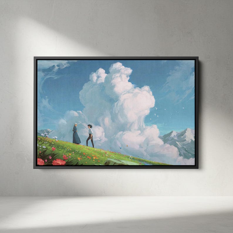 K&ouml;nnte beinhalten: Gerahmter Kunstdruck mit zwei Figuren auf einem grasbewachsenen H&uuml;gel mit bunten Blumen unter einer gro&szlig;en Wolke in einem blauen Himmel. Berge sind im Hintergrund zu sehen. Das Kunstwerk ist in einem schwarzen Rahmen gerahmt.
