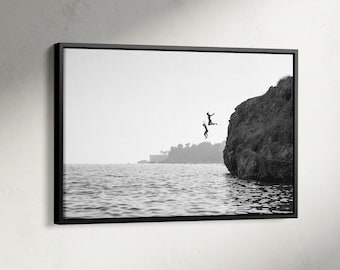 Art mural saut de falaise, affiche de saut d'obstacles d'été, tirages de photographie, toile minimaliste océan, décoration, noir et blanc, impression photo de plage