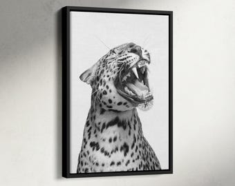 Art mural léopard, imprimé léopard rugissant, photographie élégante de mode vintage, affiche rétro, décoration d'intérieur esthétique