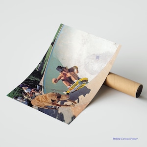 May include: Rolled canvas poster featuring a vintage skateboarding scene. A skater in a black hat rides a yellow skateboard in a pool, with a dog and spectators in the background. The poster is rolled up and ready for display.