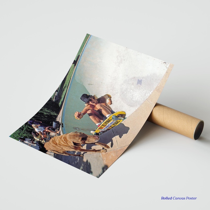 May include: Rolled canvas poster featuring a vintage skateboarding scene. A skater in a black hat rides a yellow skateboard in a pool, with a dog and spectators in the background. The poster is rolled up and ready for display.
