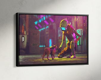 Poster de jeu errant, impression sur toile de cyber chat et robot, art mural de jeu vidéo errant, décoration de jeu d'aventure, affiche de science-fiction futuriste, salle de jeu