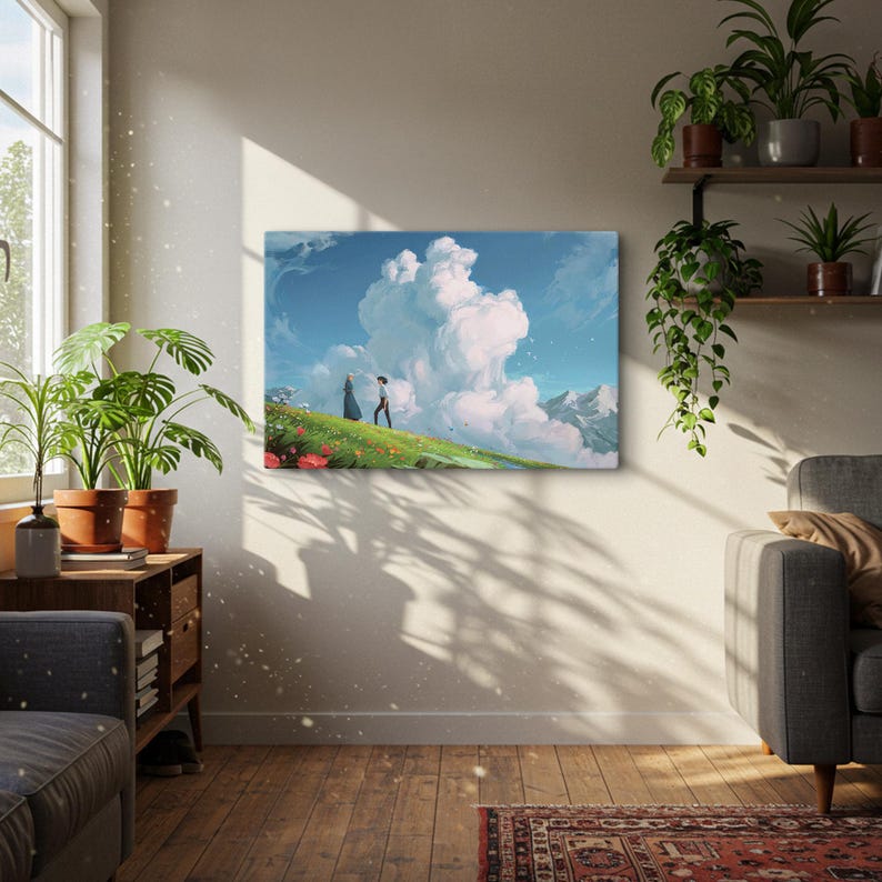 K&ouml;nnte beinhalten: Leinwanddruck mit einer romantischen Anime-Szene. Zwei Figuren stehen auf einem grasbewachsenen H&uuml;gel und blicken auf eine lebendige Landschaft mit gro&szlig;en, flauschigen Wolken und fernen Bergen. Das Kunstwerk ist vor einem hellblauen Himmel mit bunten Blumen im Vordergrund platziert.