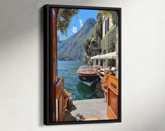 Art mural rétro sur le lac de Côme, Italie, affiche de vieux billets, toile de yacht privé, tirages de photographies