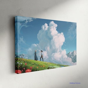 K&ouml;nnte beinhalten: Leinwanddruck mit einer malerischen Landschaft mit zwei Figuren auf einem grasbewachsenen H&uuml;gel. Das Kunstwerk zeigt einen hellblauen Himmel mit gro&szlig;en wei&szlig;en Wolken, ein Feld mit bunten Blumen und entfernten Bergen. Der Text "Gallery Canvas" ist sichtbar.