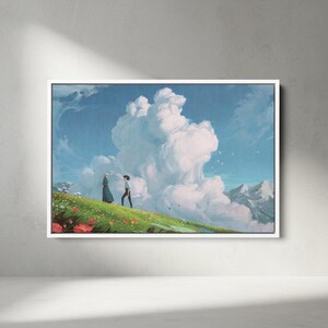 K&ouml;nnte beinhalten: Ein gerahmter Kunstdruck zeigt zwei Figuren auf einem grasbewachsenen H&uuml;gel unter einem strahlend blauen Himmel mit gro&szlig;en, flauschigen Wolken. Das Kunstwerk zeigt eine lebendige Landschaft mit bunten Blumen und fernen Bergen.