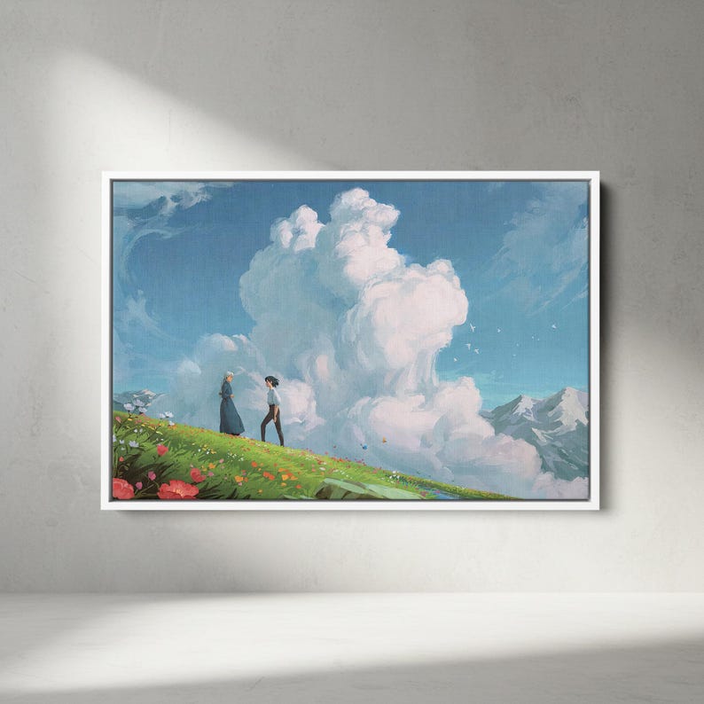 K&ouml;nnte beinhalten: Ein gerahmter Kunstdruck zeigt zwei Figuren auf einem grasbewachsenen H&uuml;gel unter einem strahlend blauen Himmel mit gro&szlig;en, flauschigen Wolken. Das Kunstwerk zeigt eine lebendige Landschaft mit bunten Blumen und fernen Bergen.