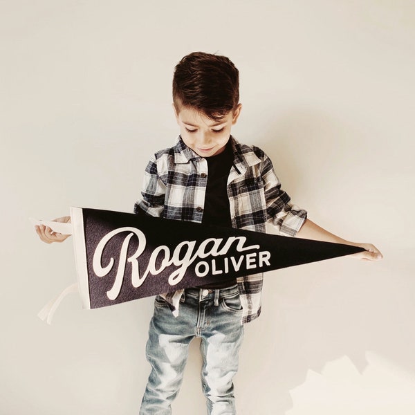 ROGAN PENNANT - Custom Name Wool Felt Pennant Flag - Vintage Style Personalized Felt Pennants and Banners