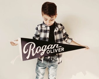 ROGAN PENNANT - Custom Name Wool Felt Pennant Flag - Vintage Style Personalized Felt Pennants and Banners