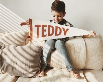 TEDDY PENNANT - Custom Name Wool Felt Pennant Flag - Vintage Style Personalized Felt Pennants and Banners