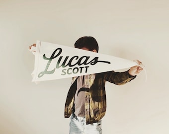 Lucas Pennant - Custom Name White Wool Felt Pennant Flag - Vintage Style Personalized Felt Pennants and Banners