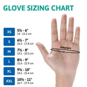 K&ouml;nnte beinhalten: Handschuhgr&ouml;&szlig;entabelle mit Ma&szlig;en in Zoll und Zentimetern. Die Gr&ouml;&szlig;en reichen von XS (5 1/2 - 6 Zoll, 14-15,2 cm) bis XXL (10 1/2 - 11 Zoll, 26,7-27,9 cm). Eine Hand mit einem Pfeil, der die Messstelle anzeigt.