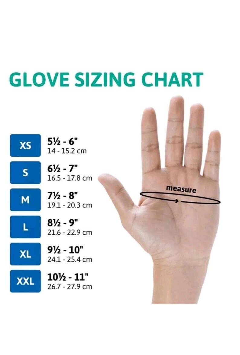 K&ouml;nnte beinhalten: Handschuhgr&ouml;&szlig;entabelle mit Ma&szlig;en in Zoll und Zentimetern. Die Gr&ouml;&szlig;en reichen von XS (5 1/2 - 6 Zoll, 14-15,2 cm) bis XXL (10 1/2 - 11 Zoll, 26,7-27,9 cm). Eine Hand mit einem Pfeil, der die Messstelle anzeigt.