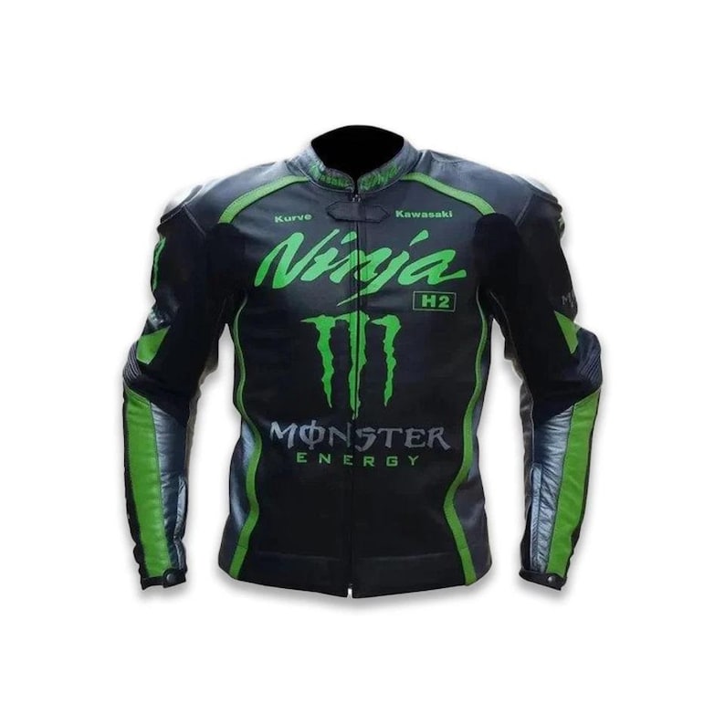 May include: Black and green motorcycle jacket with the text "Ninja" and "Monster Energy". The jacket has green accents on the shoulders, sleeves, and sides. The jacket has a zipper closure and a stand-up collar.