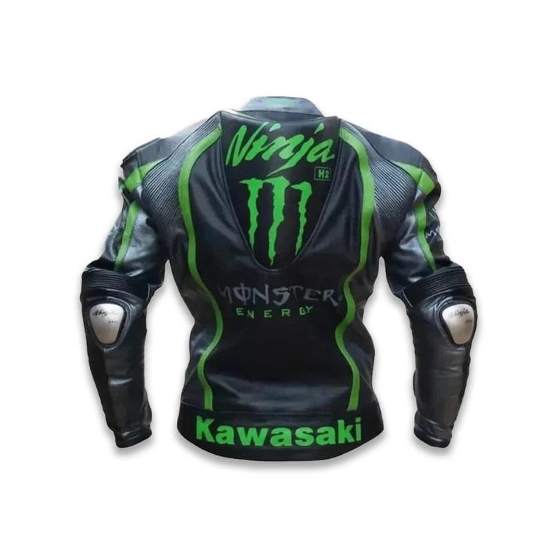 May include: Black and green motorcycle jacket with the text "Ninja" and "Monster Energy" in green. The jacket has padded sections on the shoulders and elbows, and the word "Kawasaki" is printed at the bottom.