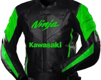 Chaqueta de moto Kawasaki Ninja: Chaqueta de motociclista de carreras de cuero genuino de vaca