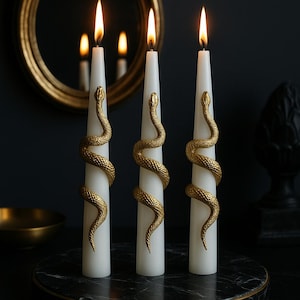 Set of 3 Snake Taper Candles: Gothic Soy Wax, Metallic Silver or Black