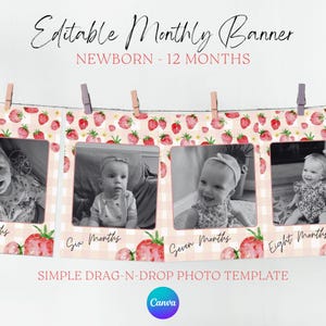 Berry First Birthday Monthly Photo Banner | Strawberry Birthday | Newborn to 12 Months Milestone Template Printable 1st Birthday Decoration