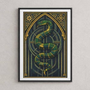 May include: Framed art print featuring a stylized green and yellow snake in a vertical composition. The snake is coiled within a geometric design with gold and blue accents. The artwork is framed in a black border.