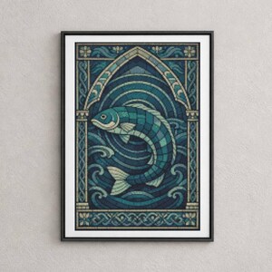 May include: Framed art print featuring a stylized fish design in shades of teal and blue. The artwork is framed in a black border and set against a light gray background. The fish is depicted swimming in a swirling pattern, with decorative elements.