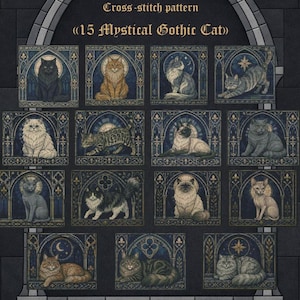 Puede incluir: Un patrón de punto de cruz titulado 15 Mystical Gothic Cat que presenta quince ilustraciones individuales de gatos en varias poses, cada una enmarcada dentro de un diseño de arco gótico azul oscuro y dorado con detalles arquitectónicos y estrellas.