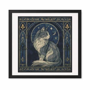 May include: A framed cross-stitch artwork featuring a long-haired cat sitting in profile against a dark blue circular background with stars and a crescent moon, framed by gothic-style architectural pillars with gold fleur-de-lis accents.