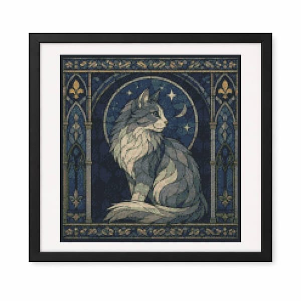 Norwegian Forest Cat Gothic Cross Stitch Pattern | Stained Glass Feline Embroidery Chart (Digital Download)