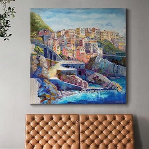 Amalfi coast oil painting, Italy seaside wall art, impressionist coastal landscape, large living room decor, custom gift for Italy lover