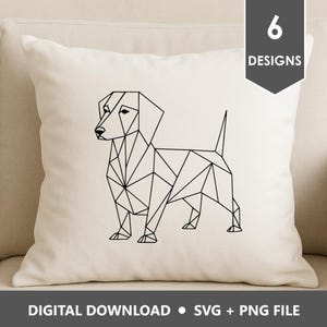 May include: A cream-colored throw pillow featuring a geometric black line drawing of a dachshund. The pillow has the text "DIGITAL DOWNLOAD • SVG + PNG FILE" at the bottom and a graphic that says "6 DESIGNS".