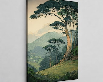Arte mural de bosque japonés, póster de paisaje de montaña tranquilo, lámina de naturaleza vintage, obra de arte de árbol sereno, decoración zen
