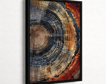 Cuadro decorativo de pared con marco de anillos de tocón de árbol de madera petrificada de carbón, decoración rústica moderna y moderna para cabaña, ideal para la sala de estar.