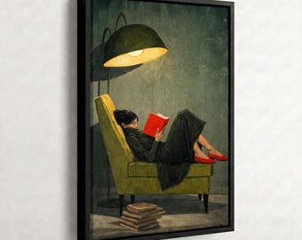 Lámina artística minimalista con retrato de una mujer leyendo en tonos verdes: tonos tierra, estilo europeo vintage.