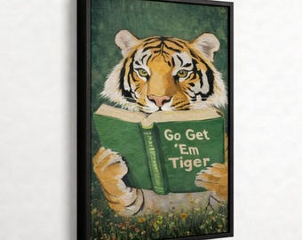 Póster decorativo con diseño de tigre leyendo, divertido estampado para amantes de los libros, ideal para decorar la biblioteca o el estudio.