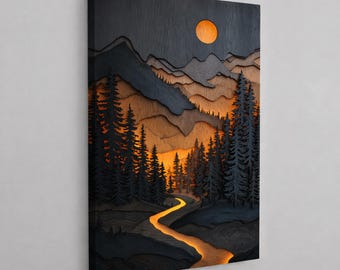 Impresión de paisaje montañoso en capas: Río en el bosque iluminado por la luna (Lienzo decorativo para pared)