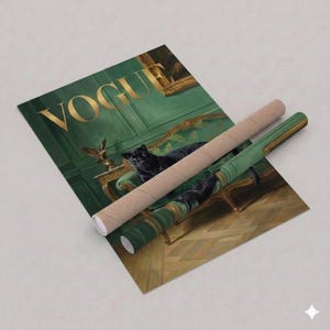 A Vogue magazine cover featuring a black cat sitting on a green couch, with a gold-framed mirror and a bird in the background.