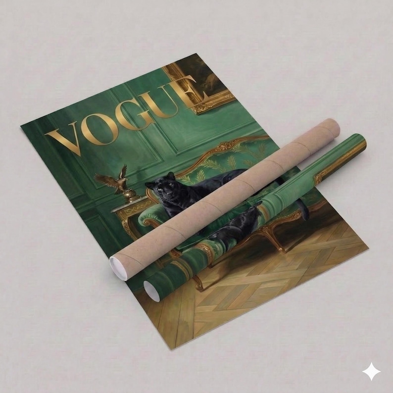 A Vogue magazine cover featuring a black cat sitting on a green couch, with a gold-framed mirror and a bird in the background.