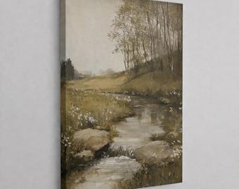 Lámina con paisaje de sauces en tonos neutros, arte mural de río en verde salvia, decoración rústica estilo granja, obra de arte para dormitorio con temática de naturaleza tranquila.