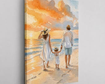 Póster familiar en acuarela en la playa, arte mural al atardecer sobre el océano, impresión en lienzo con temática costera, obra de arte para vacaciones familiares
