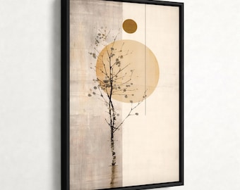 Lienzo artístico Japandi Zen, estampado minimalista de árbol, decoración neutra Wabi Sabi, obra de arte mural orgánica moderna.
