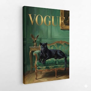 The image is a cover art for a magazine called Vogue, featuring a black panther sitting on a green couch with a gold bird statue on a side table.