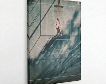 Póster de cancha de baloncesto, arte mural minimalista con efecto granulado para la decoración del hogar o la habitación infantil, ideal para aficionados al deporte.