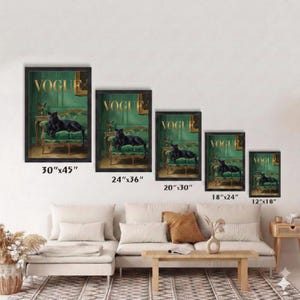 The image is a collage of five framed pictures of a black dog sitting on a green couch, each with a different size and frame. The frames are arranged in a row on a wall, with the largest frame being 30"x45" and the smallest frame being 18"x24" and 12"x30".