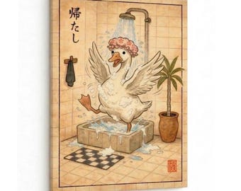 Divertido póster de ganso para la ducha, póster de pato japonés para el baño, linda decoración de baño con animales, ilustración vintage sobre lienzo.